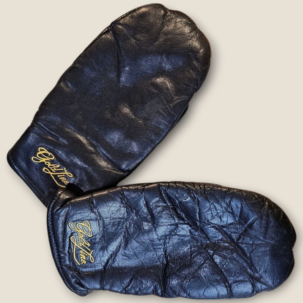 Vintage Gold Line Black Leather Mittens – Mens Medium 🖤🧤